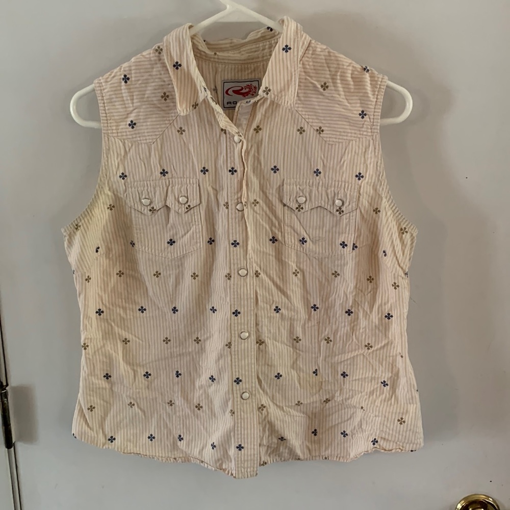 Roper yellow and white striped sleeveless western shirt with floral detail